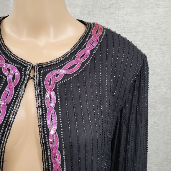 Papell Boutique Vintage Silk Fully Beaded Sequin Jacket Black Fuschia Women's XL - Picture 3 of 12